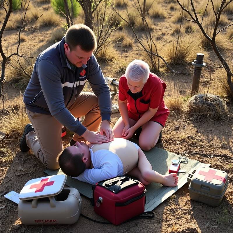 A first aid instructor demonstrating CPR techniques in a remote outback location, emphasizing the importance of medical preparedness.