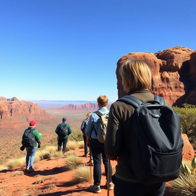 A group of tourists being guided through a scenic outback location, highlighting responsible tourism practices.