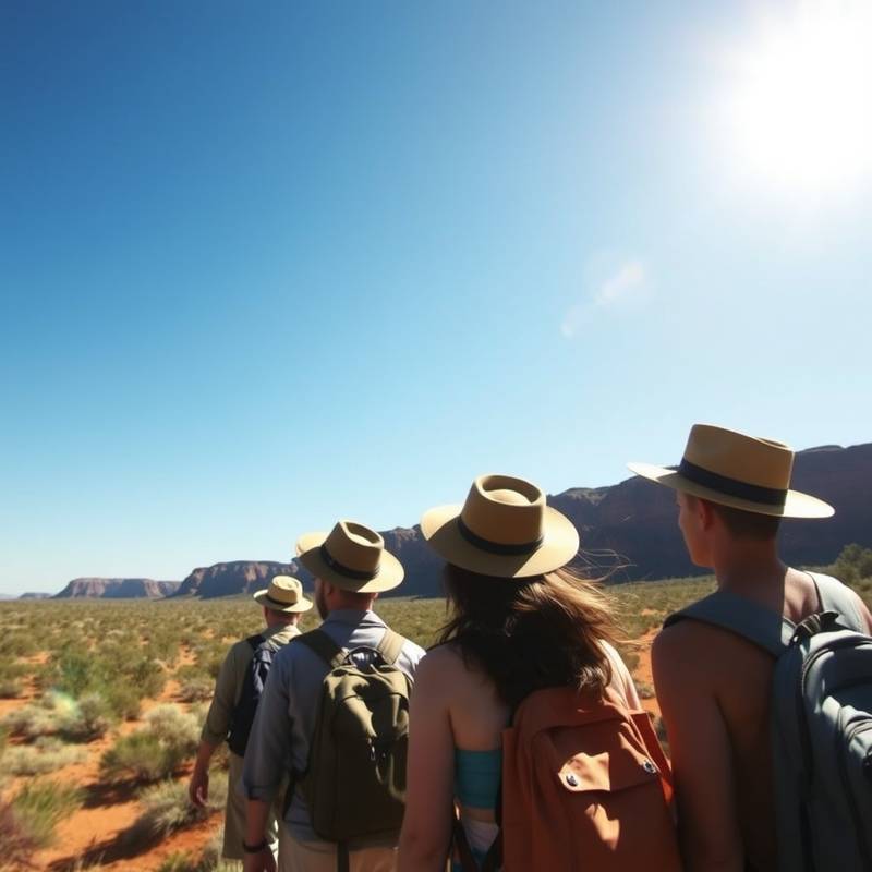 A group of tourists exploring a scenic outback location with a tour guide.