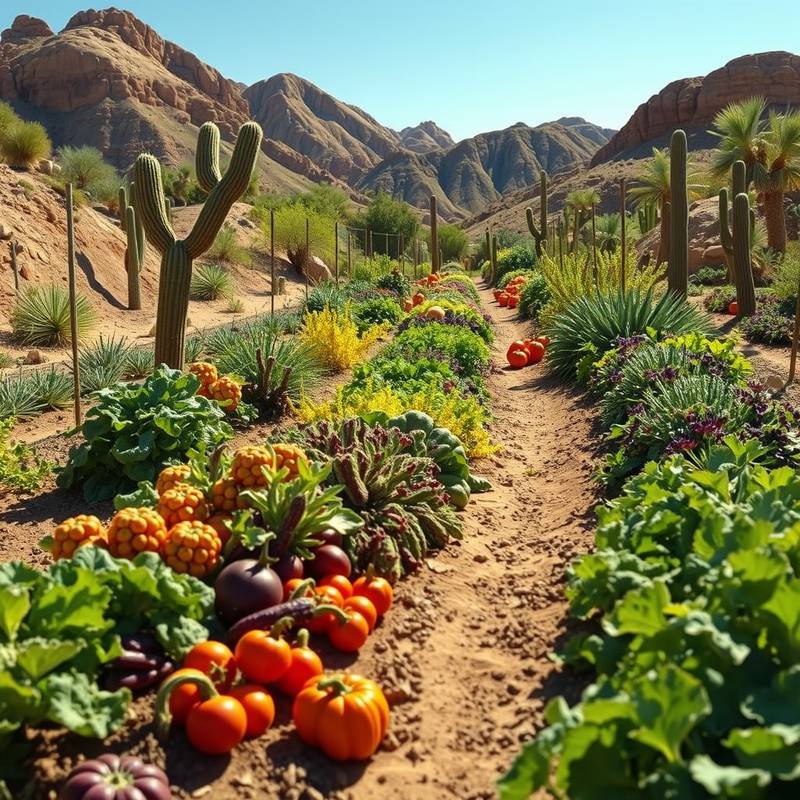 A lush vegetable garden in the desert, showcasing sustainable farming techniques.