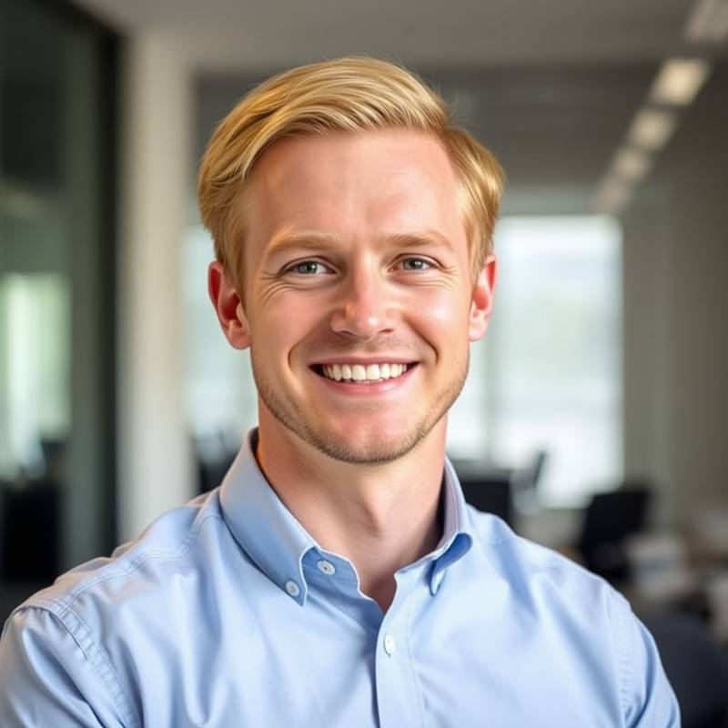 A professional headshot of Ben McGregor, Marketing Manager at Outback Learning, a smiling man with short blond hair, wearing a light blue shirt, standing in a modern office.
