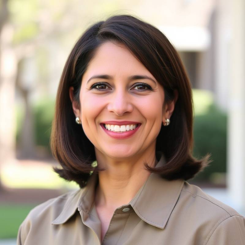 A professional headshot of Dr. Anya Sharma, co-founder and lead instructor at Outback Learning, a smiling woman with short brown hair wearing a khaki shirt, standing outdoors.