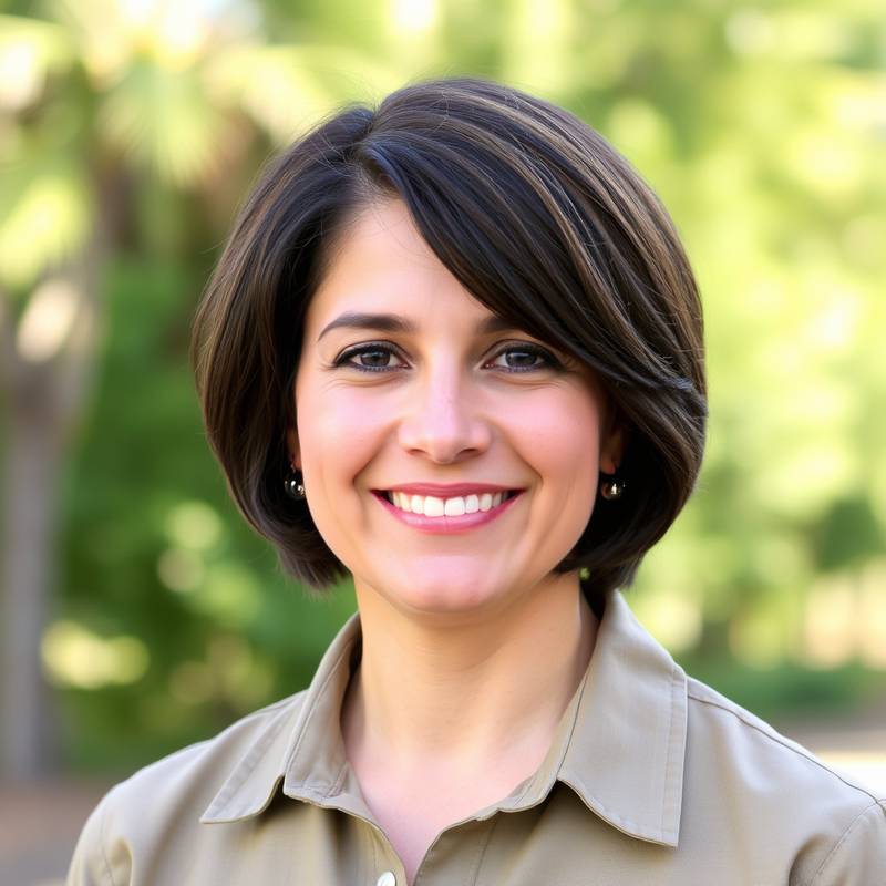 A professional headshot of Dr. Anya Sharma, a smiling woman with short brown hair, wearing a khaki shirt and standing outdoors in a natural setting.
