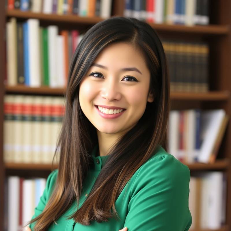 A professional headshot of Emily Chen, Curriculum Developer at Outback Learning, a smiling woman with long brown hair, wearing a green blouse and standing in front of a bookshelf.