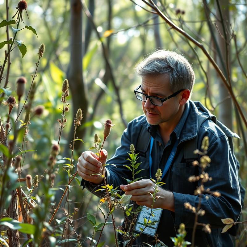 A researcher carefully examining native Australian flora in a protected conservation area, emphasizing the importance of biodiversity.