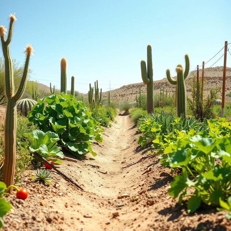 A vibrant vegetable garden flourishing in a desert environment, showcasing sustainable farming techniques.