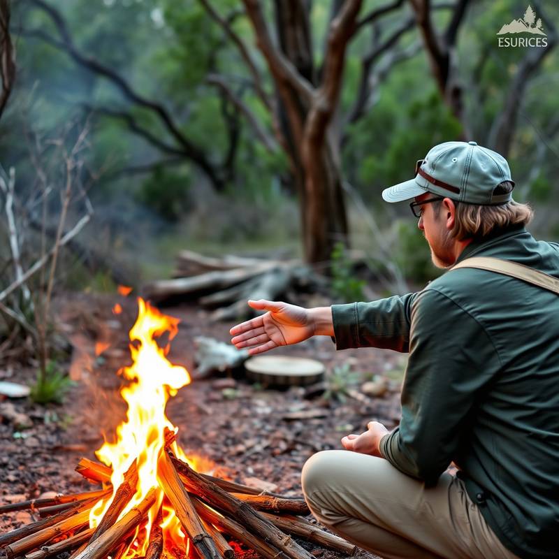 An instructor demonstrating fire starting techniques in a bush survival course, teaching essential outback survival skills.
